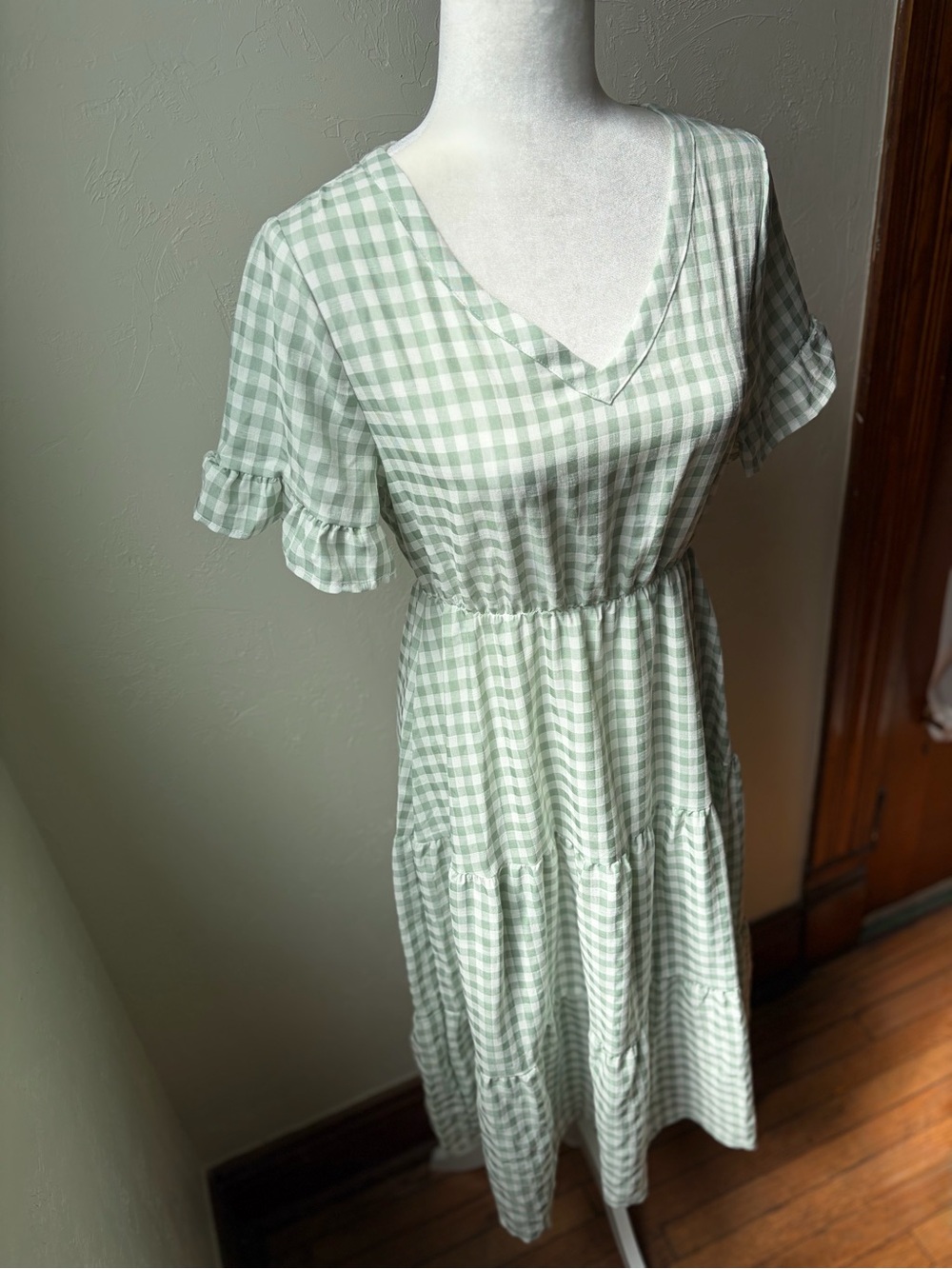 To My Lovers Sage Green Gingham Cotton Tiered Midi Dress Small NWT - Picture 7 of 12